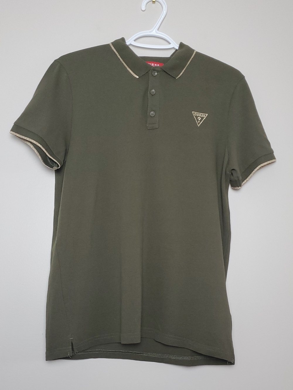 Guess Olive Green Short Sleeve Tee Polo with Beige Sparkly Trim Sz M Y2K Preppy